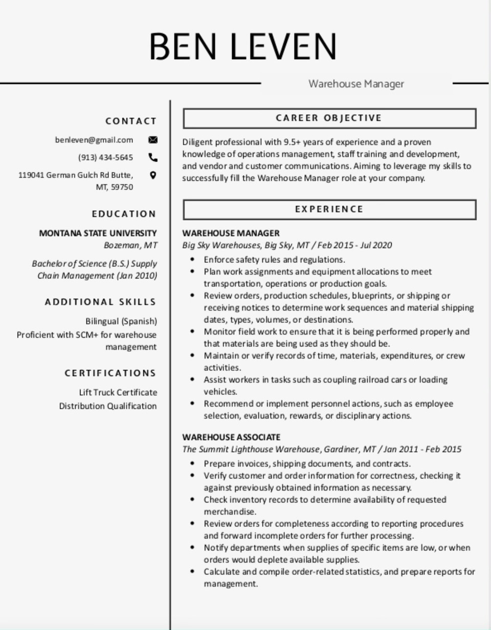 Warehouse Manager Sample Resume