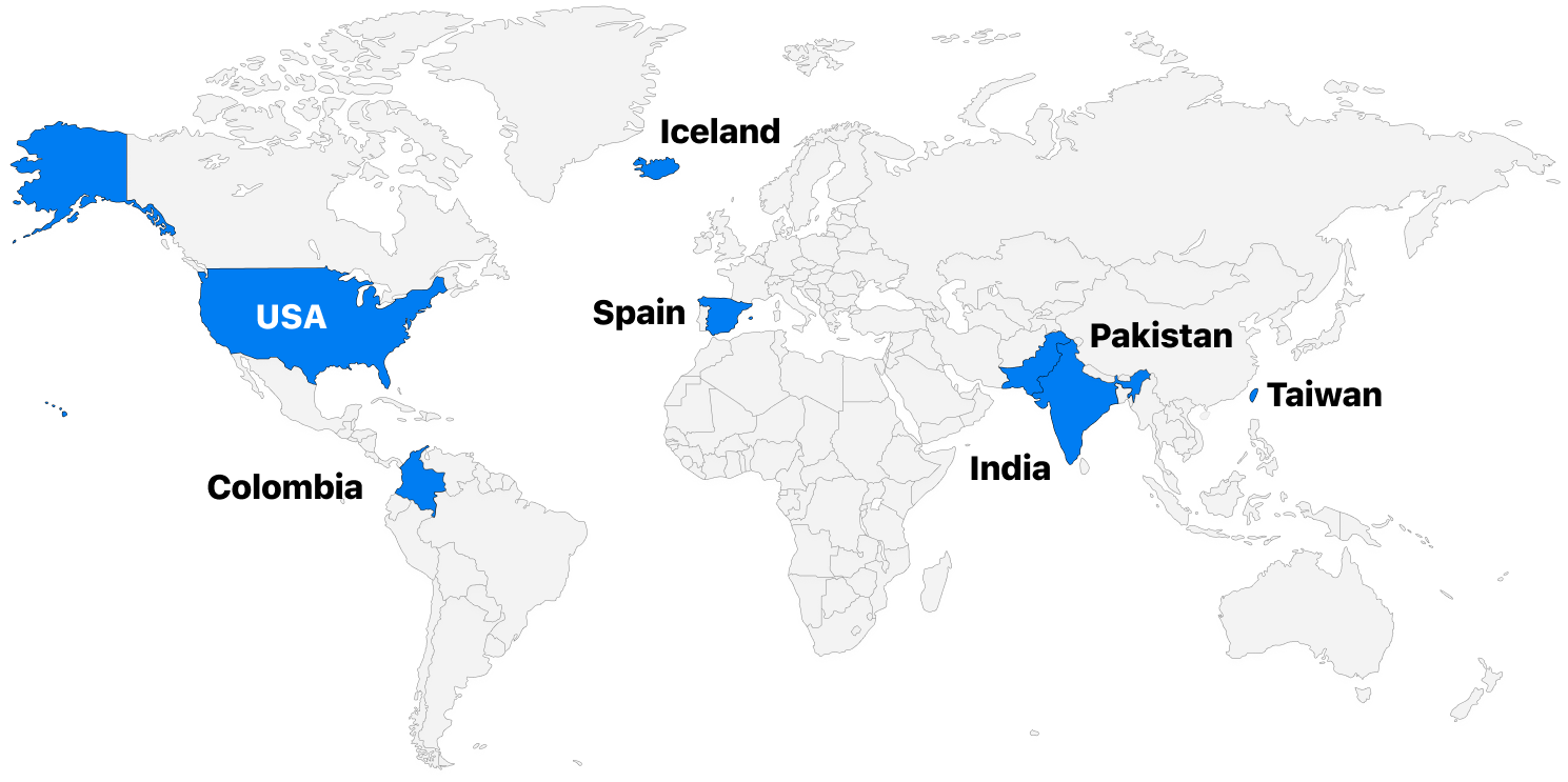 Map highlighting the countries BlueCart staff are from
