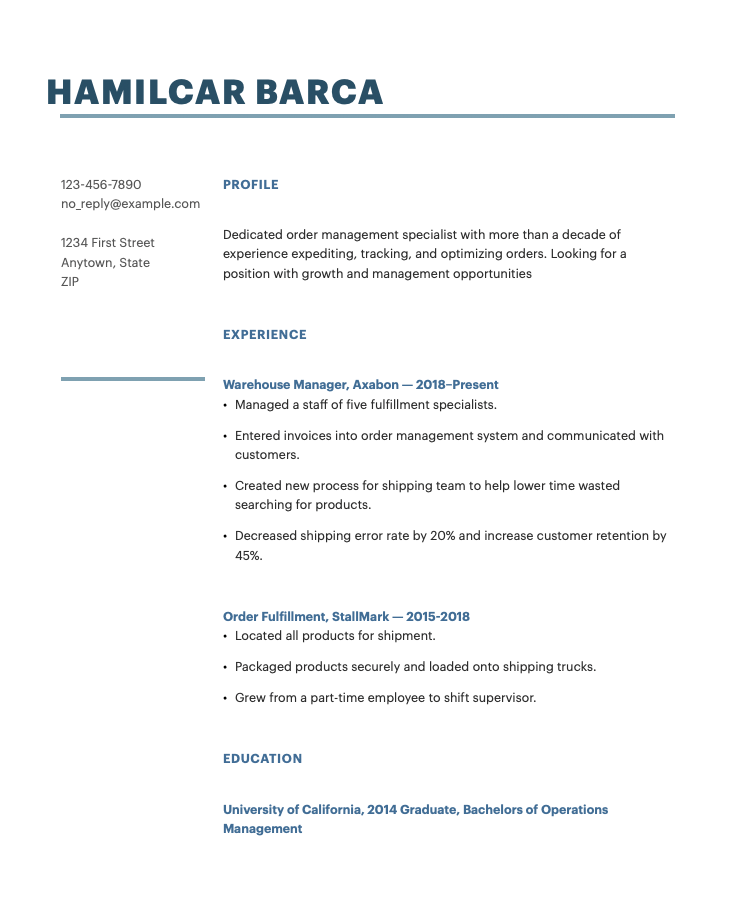 Order Management Specialist Resume Sample